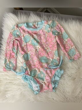 Caden Lane Kids One-Piece Swimsuit in Pink & Aqua Hibiscus Print 6-12M